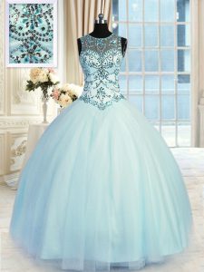 Popular Ball Gowns 15 Quinceanera Dress Light Blue Scoop Tulle Sleeveless Floor Length Lace Up