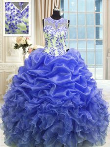 Customized Scoop Blue Ball Gowns Beading and Ruffles Sweet 16 Quinceanera Dress Zipper Organza Sleeveless Floor Length