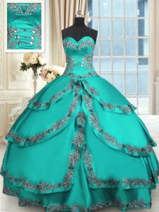 Latest Turquoise Lace Up Sweetheart Beading and Embroidery and Ruffled Layers Sweet 16 Quinceanera Dress Taffeta Sleevel