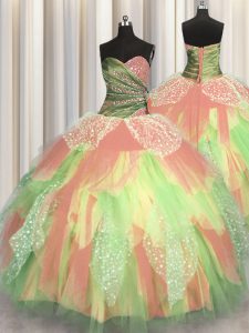 Multi-color Ball Gowns Organza Sweetheart Sleeveless Beading and Ruching Floor Length Lace Up Quinceanera Gown