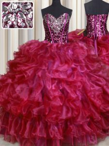 Hot Pink Sweetheart Neckline Beading and Ruffles Sweet 16 Quinceanera Dress Sleeveless Lace Up