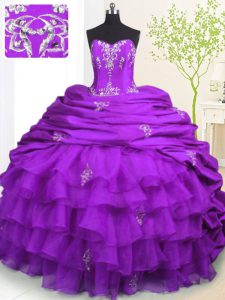 Purple Ball Gowns Organza and Taffeta Strapless Sleeveless Beading and Appliques and Ruffled Layers and Pick Ups With Tr
