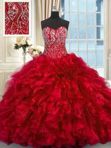 Exquisite Red Organza Lace Up 15 Quinceanera Dress Sleeveless Brush Train Beading and Ruffles