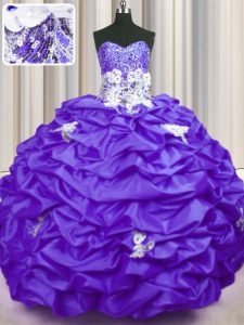 Latest Taffeta Sweetheart Sleeveless Brush Train Lace Up Appliques and Sequins and Pick Ups Sweet 16 Dress in Purple