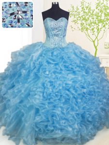 Gorgeous Baby Blue Ball Gowns Sweetheart Sleeveless Organza Floor Length Lace Up Beading and Ruffles and Pick Ups Sweet 