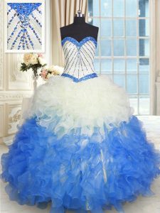 Deluxe Sweetheart Sleeveless Lace Up Quince Ball Gowns Blue And White Organza