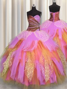 Tulle Sweetheart Sleeveless Lace Up Beading and Ruching 15th Birthday Dress in Multi-color