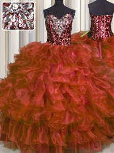 Red Lace Up Vestidos de Quinceanera Beading and Ruffles Sleeveless Floor Length