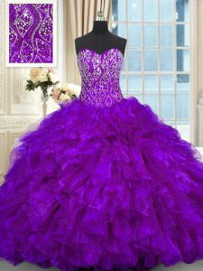 Great Purple Ball Gowns Sweetheart Sleeveless Organza Brush Train Lace Up Beading and Ruffles Quinceanera Gowns