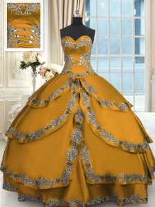 Gold Sweetheart Lace Up Beading and Embroidery and Ruffled Layers Quince Ball Gowns Sleeveless