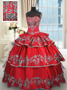 Free and Easy Ruffled Sweetheart Sleeveless Lace Up Quinceanera Gown Red Taffeta