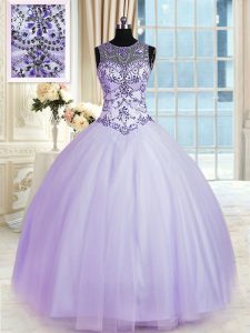 Fantastic Lavender Ball Gowns Tulle Scoop Sleeveless Beading Floor Length Lace Up Quinceanera Dress
