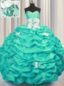 Classical Sweetheart Sleeveless Quinceanera Gown With Brush Train Appliques and Sequins and Pick Ups Turquoise Taffeta