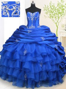 Pick Ups Ruffled Brush Train Ball Gowns Ball Gown Prom Dress Royal Blue Strapless Organza and Taffeta Sleeveless With Tr