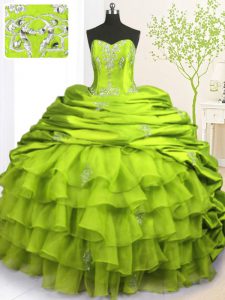 Olive Green Organza and Taffeta Lace Up Quinceanera Dresses Sleeveless With Brush Train Beading and Appliques and Ruffle