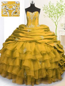 Captivating Gold Organza and Taffeta Lace Up Strapless Sleeveless With Train 15th Birthday Dress Brush Train Beading and