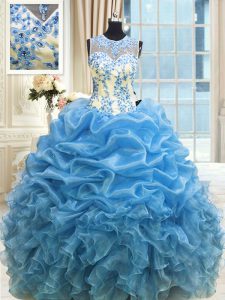 Scoop Baby Blue Sleeveless Organza Zipper Vestidos de Quinceanera for Military Ball and Sweet 16 and Quinceanera