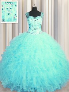 Admirable See Through Zipper Up Aqua Blue Ball Gowns Beading and Ruffles Ball Gown Prom Dress Zipper Tulle Sleeveless Fl