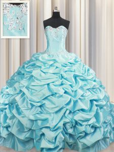 Custom Made Brush Train Sleeveless Beading and Pick Ups Lace Up Quince Ball Gowns with Aqua Blue Sweep Train