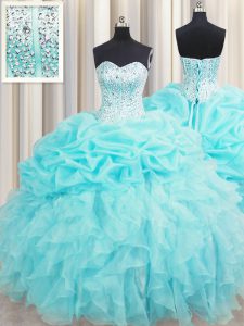 Visible Boning Aqua Blue Ball Gowns Organza Sweetheart Sleeveless Beading and Ruffles and Pick Ups Floor Length Lace Up 