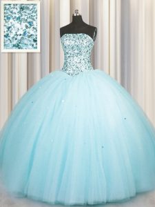 Really Puffy Aqua Blue Tulle Lace Up Quinceanera Dresses Sleeveless Floor Length Beading and Sequins