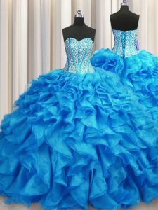 Visible Boning Baby Blue Ball Gowns Organza Sweetheart Sleeveless Beading and Ruffles Lace Up Quince Ball Gowns Brush Tr