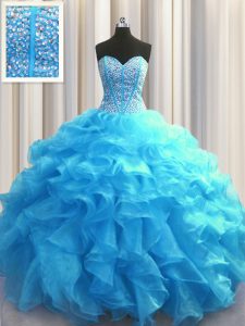 Visible Boning Floor Length Ball Gowns Sleeveless Baby Blue Quinceanera Dresses Lace Up