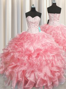Exceptional Visible Boning Zipper Up Baby Pink Ball Gowns Beading and Ruffles 15th Birthday Dress Zipper Organza Sleevel