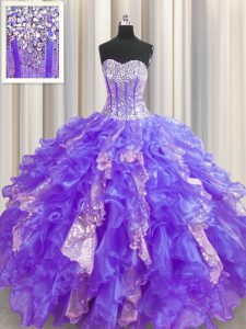 Sequins Visible Boning Floor Length Ball Gowns Sleeveless Purple 15th Birthday Dress Lace Up