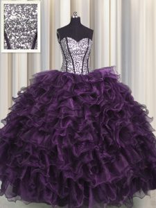 Gorgeous Visible Boning Dark Purple Organza and Sequined Lace Up Sweetheart Sleeveless Floor Length Sweet 16 Quinceanera