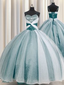 Teal Ball Gowns Organza Spaghetti Straps Half Sleeves Beading and Ruching Floor Length Lace Up 15th Birthday Dress