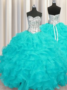Fabulous Floor Length Aqua Blue Quinceanera Gowns Sweetheart Sleeveless Lace Up