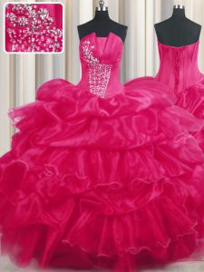 Great Hot Pink Ball Gowns Beading and Ruffled Layers and Pick Ups Ball Gown Prom Dress Lace Up Organza Sleeveless Floor 