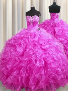 Edgy Fuchsia Ball Gowns Sweetheart Sleeveless Organza Sweep Train Lace Up Beading and Ruffles Quinceanera Gowns