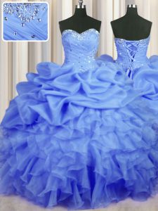 Graceful Sweetheart Sleeveless Ball Gown Prom Dress Floor Length Beading and Ruffles and Ruching and Pick Ups Blue Organ