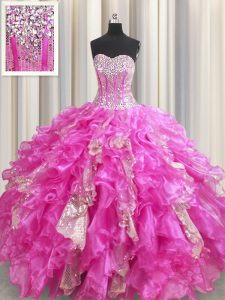 Visible Boning Fuchsia Lace Up Sweetheart Beading and Ruffles and Sequins Quinceanera Gowns Organza and Sequined Sleevel