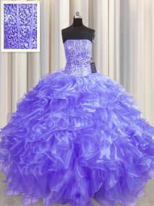 Super Visible Boning Lavender Organza Lace Up Strapless Sleeveless Floor Length Quinceanera Gowns Beading and Ruffles