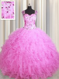 Designer See Through Zipper Up Tulle Sleeveless Floor Length Quinceanera Gown and Beading and Ruffles