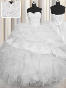 White Ball Gowns Sweetheart Sleeveless Organza Floor Length Lace Up Beading and Appliques and Ruffles and Pick Ups 15 Qu