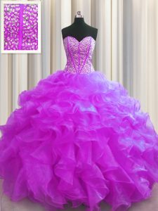 Luxury Visible Boning Fuchsia Ball Gowns Sweetheart Sleeveless Organza Floor Length Lace Up Beading and Ruffles Sweet 16