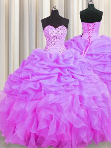 Pretty Floor Length Lilac Ball Gown Prom Dress Organza Sleeveless Beading and Ruffles and Pick Ups
