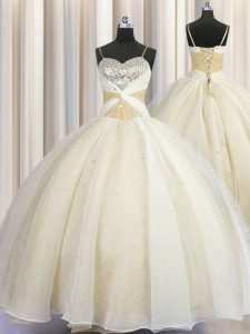 Fancy Spaghetti Straps Floor Length Ball Gowns Sleeveless Champagne 15 Quinceanera Dress Lace Up