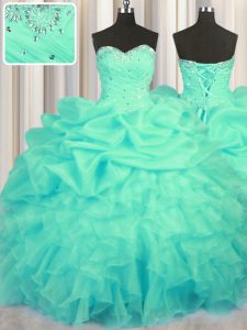 Stunning Turquoise Lace Up Sweetheart Beading and Ruffles and Ruching and Pick Ups Sweet 16 Dress Organza Sleeveless