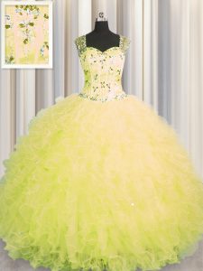Free and Easy See Through Zipper Up Yellow Tulle Zipper Straps Sleeveless Floor Length Quinceanera Dress Beading and Ruf