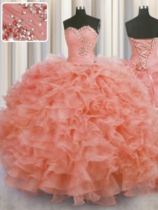 Discount Floor Length Watermelon Red Quinceanera Gown Sweetheart Sleeveless Lace Up