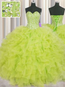 Visible Boning Yellow Green Ball Gowns Organza Sweetheart Sleeveless Beading and Ruffles Floor Length Lace Up 15th Birth