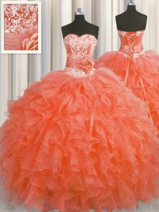 Handcrafted Flower Red Lace Up Sweet 16 Quinceanera Dress Beading and Ruffles and Hand Made Flower Sleeveless Floor Leng