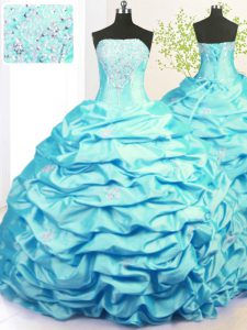 Adorable Pick Ups With Train Aqua Blue Quinceanera Dresses Strapless Sleeveless Sweep Train Lace Up