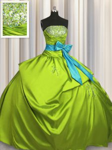 Captivating Olive Green Ball Gowns Taffeta Strapless Sleeveless Beading and Ruching and Bowknot Floor Length Lace Up Swe