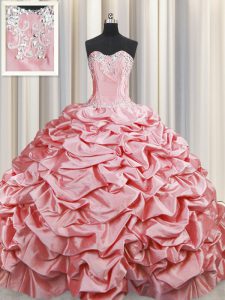 Taffeta Sleeveless Ball Gown Prom Dress Brush Train and Beading and Pick Ups
